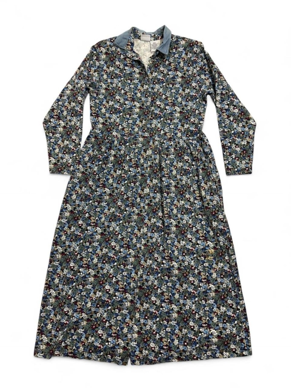 Vintage Cotton Floral Maxi Shirt Dress w/ Denim Collar, Size Medium